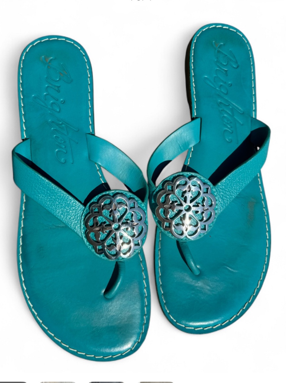 Brighton Alice Sandals Flip Flops Teal Blue Leather Silver 9 9M Preppy Vacation